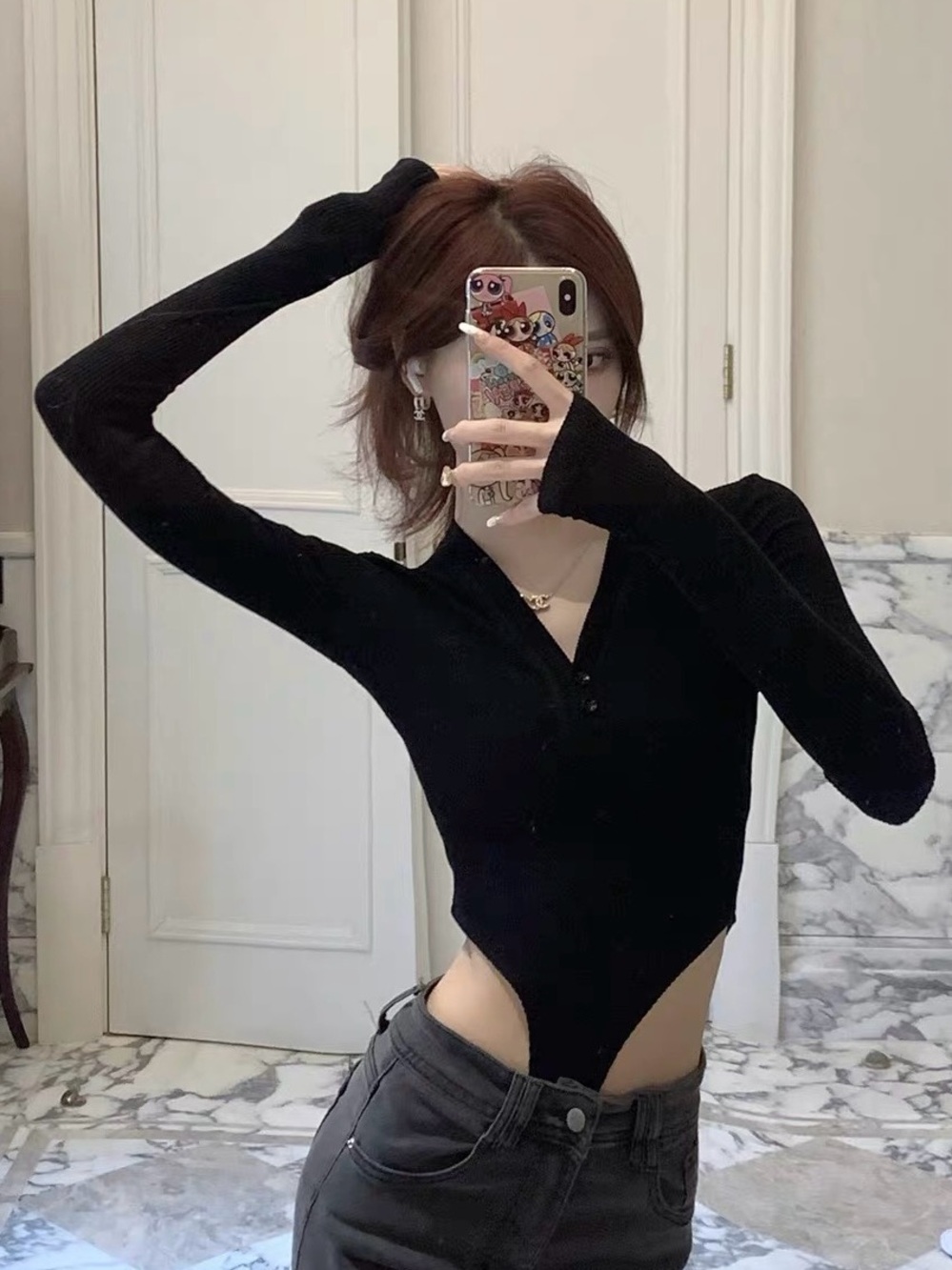 Ribbed Long Sleeve Bodysuit | Black | Size M